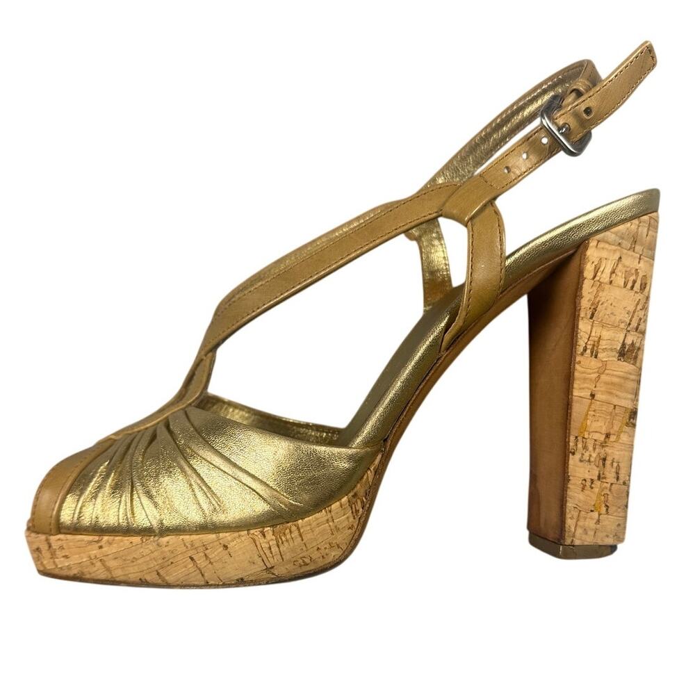 Prada Platform Sandals Metallic Gold Pleated Leather Cork 37.5 Slingback